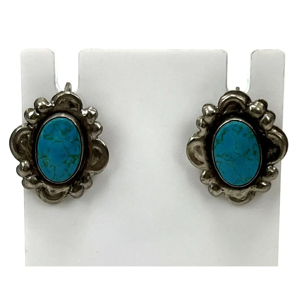 Vintage Silver Toned Turquoise Twist Back Earrings About‎ an Inch Long